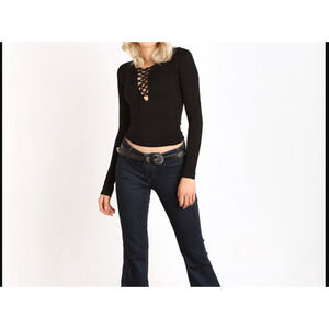 Free People NWOT Black Seamless Lace Up Layering Rib Knit Top Size XS/S